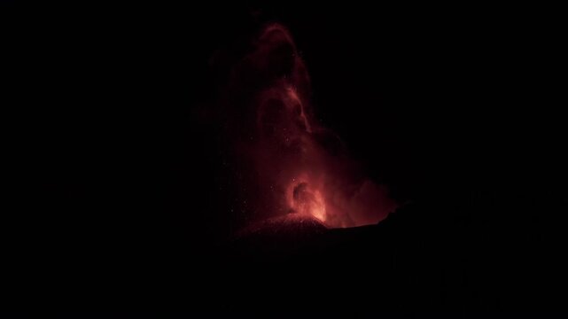 Mount Etna, Sicili, Italy. Volcano Eruption at Night, Laba and Ash Spraying Into Atmosphere