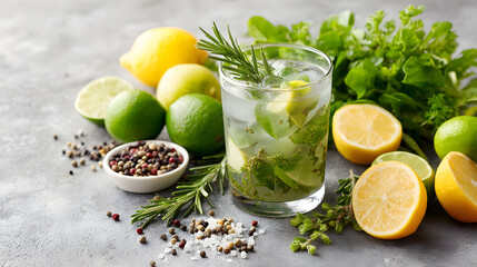 Fototapeta premium Glass of Kombucha with Herbs in a Bright Morning Kitchen