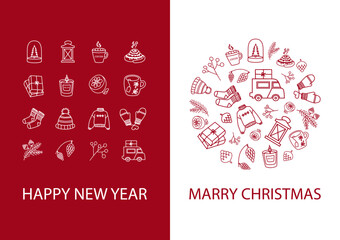 Minimalist flat design style New Year and Christmas posters with winter elements.  Greeting cards, line icons, minimalist corporate design templates, invitations. Vector illustration.