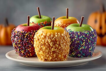 Candy Apple Bar with four colorful caramel apples, each unique. Concept of Candy Apple Bar showcases fruits coated in toffee with toppings, perfect for festive treats.