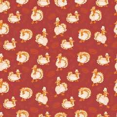 A playful Thanksgiving-inspired seamless pattern featuring whimsical turkeys wearing Pilgrim-style hats, surrounded by pies, acorns, and leafy branches.
