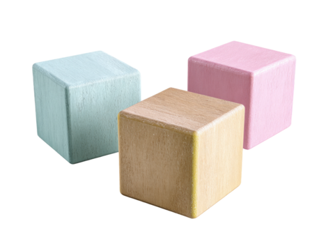 Three wooden building blocks in pastel colors.  Light mint green, natural light beige, and pale pink cubes.  Solid shapes,  stacked