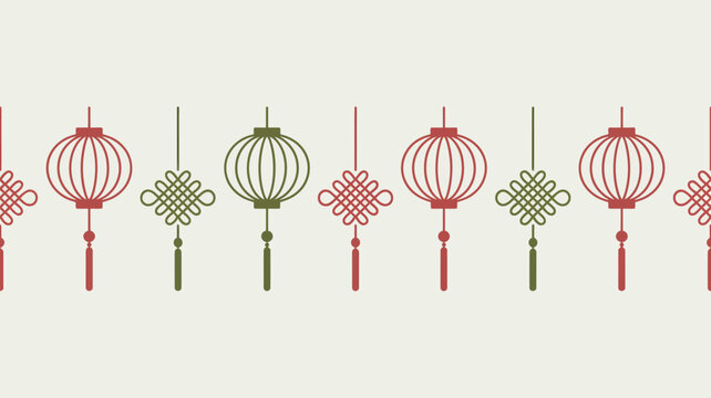 A decorative border featuring alternating red and green chinese lanterns and mystic knots on a cream background