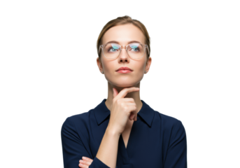 Thoughtful caucasian woman in navy blouse, clear eyeglasses, hand-to-chin gesture, against transparent studio background, copy space, concept of ideation