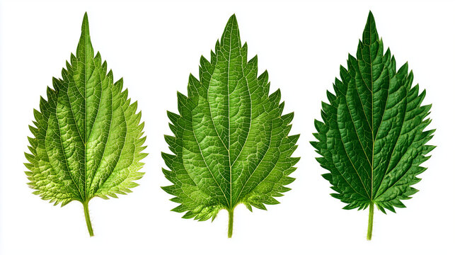 Set di foglie di ortica su sfondo bianco, venature nitide in alta definizione. Elemento botanico isolato e scontornabile per fitoterapia, erbario, packaging tisane, poster e pattern.