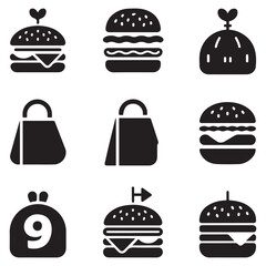 Set Burger bag vector icon sign symbol. Vector black silhouette. with white background