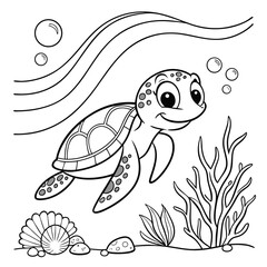 Charming simple line drawing of a happy sea turtle isolated on white background