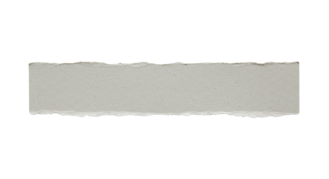 A horizontal strip of light grey recycled paper with fibrous texture and torn edges on a transparent background, soft studio lighting, foundational graphic element for sustainability