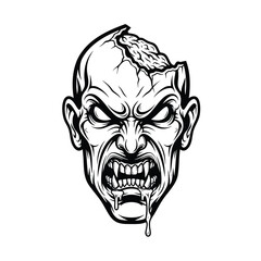 Monochrome illustration of a snarling zombie head with a cracked skull and exposed brain.
