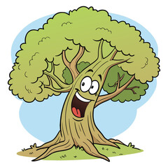 Cheerful anthropomorphic cartoon tree with a smiling face isolated on white background