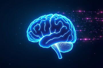 Glowing blue human brain with digital data streams