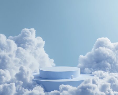 Ethereal Platform Showcasing Product in Cotton-Soft Cloudscape Realm - cool slate blue tones with minimal surreal environment - Powered by Adobe