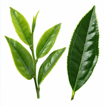 Rametto di Camellia sinensis con apici teneri e foglie bagnate, su fondo chiaro. Risorsa nitida e scontornabile per packaging di t&egrave;, menu caffetteria, infografiche e progetti wellness.