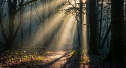 Naklejka premium Sunlight beams through a misty forest path, casting dramatic shadows.