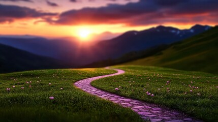 Fototapeta premium A winding path meanders through a vibrant flower field, showcasing the beauty of nature in a picturesque landscape at sunset.