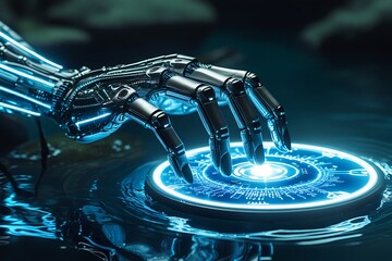 Robotic hand activating futuristic glowing interface