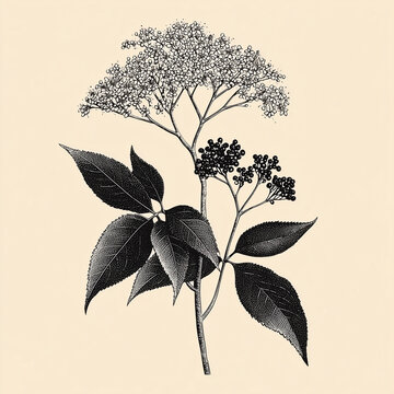 Incisione botanica di sambuco con ombrelle fiorite e foglie seghettate, su fondo crema. Grafica vintage scontornabile per etichette, manuali erboristici, poster e packaging.