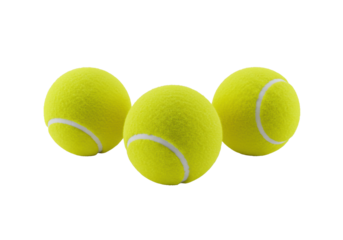Three identical, pristine, vibrant yellow tennis balls precisely arranged on a transparent seamless studio background with soft high-key lighting concept of athletic potential