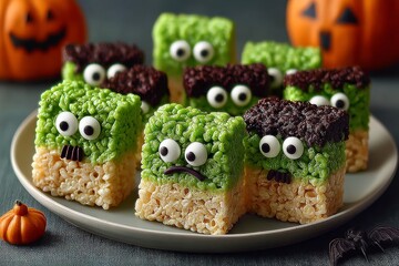 Plate of Frankenstein Rice Krispies Treats with green frosting, googly eyes, sad expression. Concept of Halloween-themed Frankenstein Rice Krispies Treats with cereal bars with green tint.