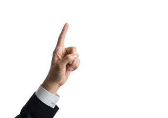 Clean human hand, index finger tapping an invisible interface against transparent studio background with high-key lighting, photorealistic, minimalist, modern. Concept of seamless digital connectivity