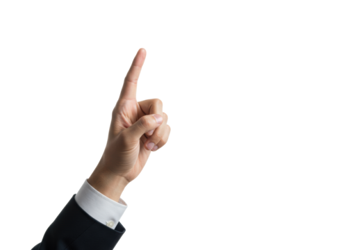 Clean human hand, index finger tapping an invisible interface against transparent studio background with high-key lighting, photorealistic, minimalist, modern. Concept of seamless digital connectivity