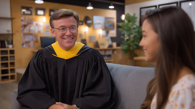 Gentle professor sharing career advice with graduates in a university counseling office furnished with diplomas a cozy armchair and a vision board shown in a top tier photo with