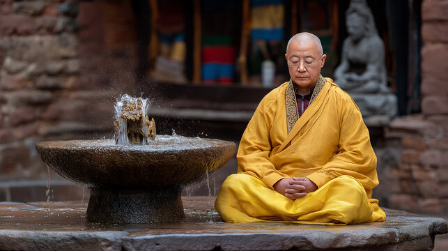 Reverent monk meditating in a monastery courtyard with a bubbling fountain and stone statues presented in a premium photo with superior resolution even lighting distribution and