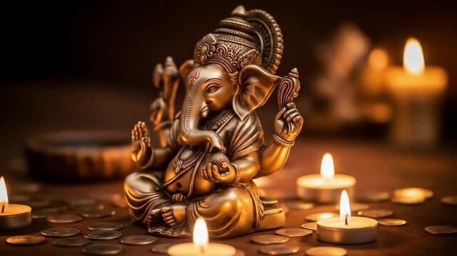 Golden idol of Lord Ganesha surrounded by coins, sweets, and lamps representing wealth and success for new ventures on Labh Pancham