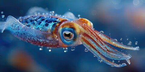 Close-up of a vibrant squid, water droplets, underwater