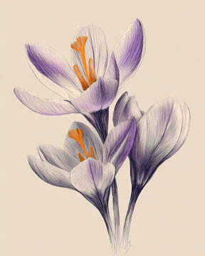 Bouquet di crochi con stimmi arancio e petali viola su fondo crema. Illustrazione elegante e scontornabile per poster, packaging spezie, inviti primaverili, cosmetica e progetti editoriali.