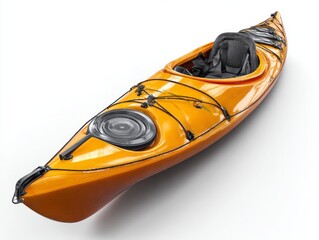 A glossy, vibrant orange kayak, featuring dark accents, is presented against a plain white backdrop.