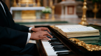 Sacred choir director leading rehearsal in a church music room with a grand piano and stacked hymnals shown in a high end photo with exceptional detail soft focus blur and