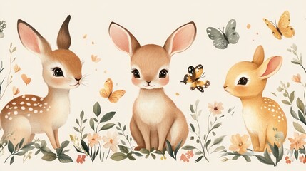Fototapeta premium Adorable fawn trio amidst blooming flowers and butterflies