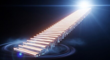 Glowing golden stairway leading upward to a bright light source, a path to success.