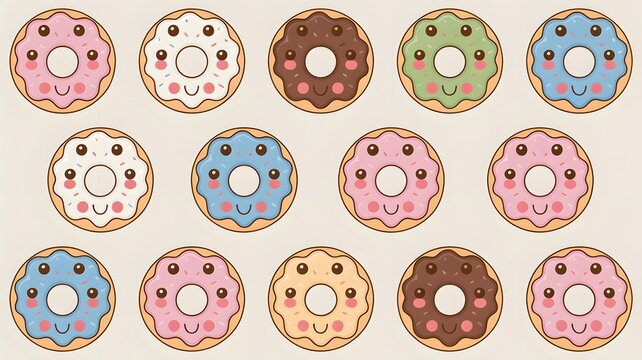 Whimsical assortment of colorful donuts with cute smiling faces, bringing joy and sweetness