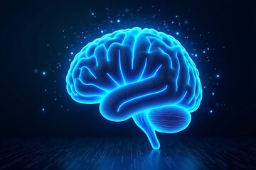Obraz premium Glowing blue neon brain with sparkles on dark background