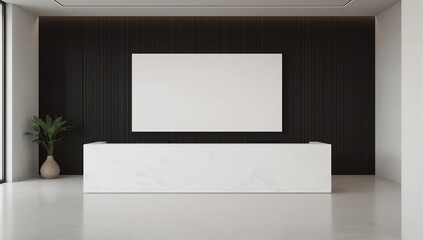 Blank white poster on dark wall above marble reception desk in modern sunny office hall. Mockup