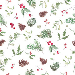 Christmas watercolor seamless pattern with holly berries, pine cones, mistletoe. Hand drawn illustration. Vector EPS. © Alla