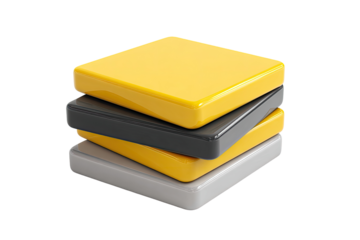 Three glossy, square, colored panels stacked