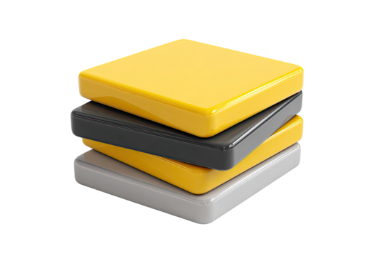 Three glossy, square, colored panels stacked