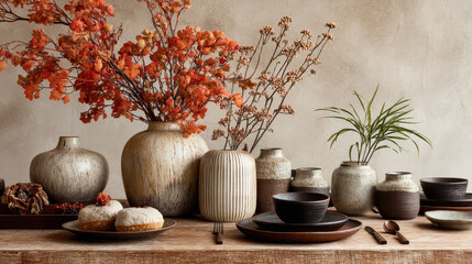 Ceramic vases with autumn flowers and rustic tableware create cozy, warm atmosphere on wooden table
