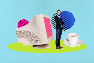 Image zine trend photo collage of happy businesswoman businessman stand pc monitor coffee cup pause...