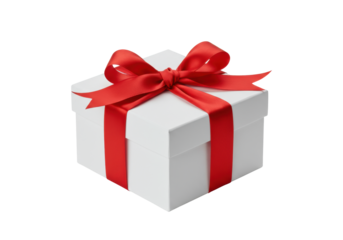 Pristine, elegantly wrapped white square gift box with vibrant red satin ribbon, symmetrical bow on transparent studio background, ample negative space. Concept of premium gift presentation