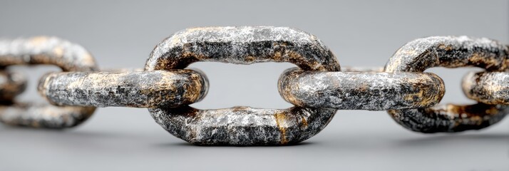 Obraz premium Detailed close-up of a weathered metal chain link showcasing texture and wear with a neutral background