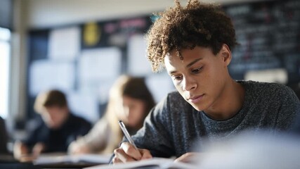 A student sits at a desk in a classroom, writing in a spiral notebook with other students in the background, with large windows letting in daylight and a blurred chalkboard filling the back wall.