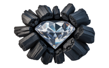 Diamond surrounded by coal isolated on transparent background