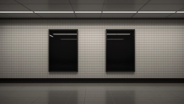 Two billboards frames in underground tube station mockup 3D rendering