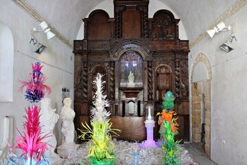 Colorful contemporary art installation in historic christian chapel in Cádiz. Spain