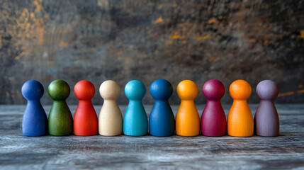 Naklejka premium Row of colorful wooden figurines on a textured surface. Diverse group representation.