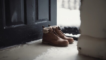 vintage leather shoes covered in snow by the door 
